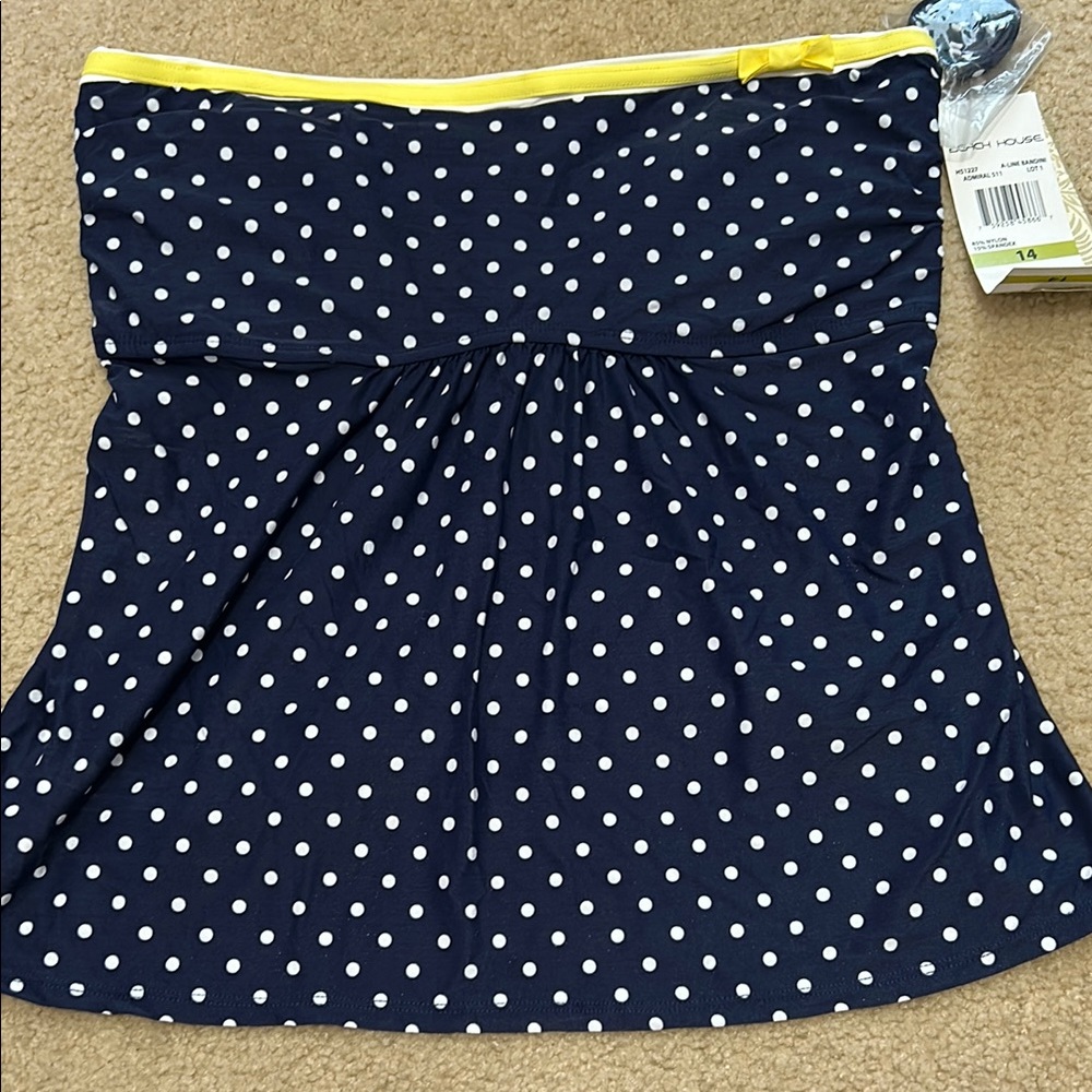 Navy Polka Dot Strapless Takini with Yellow Trim
